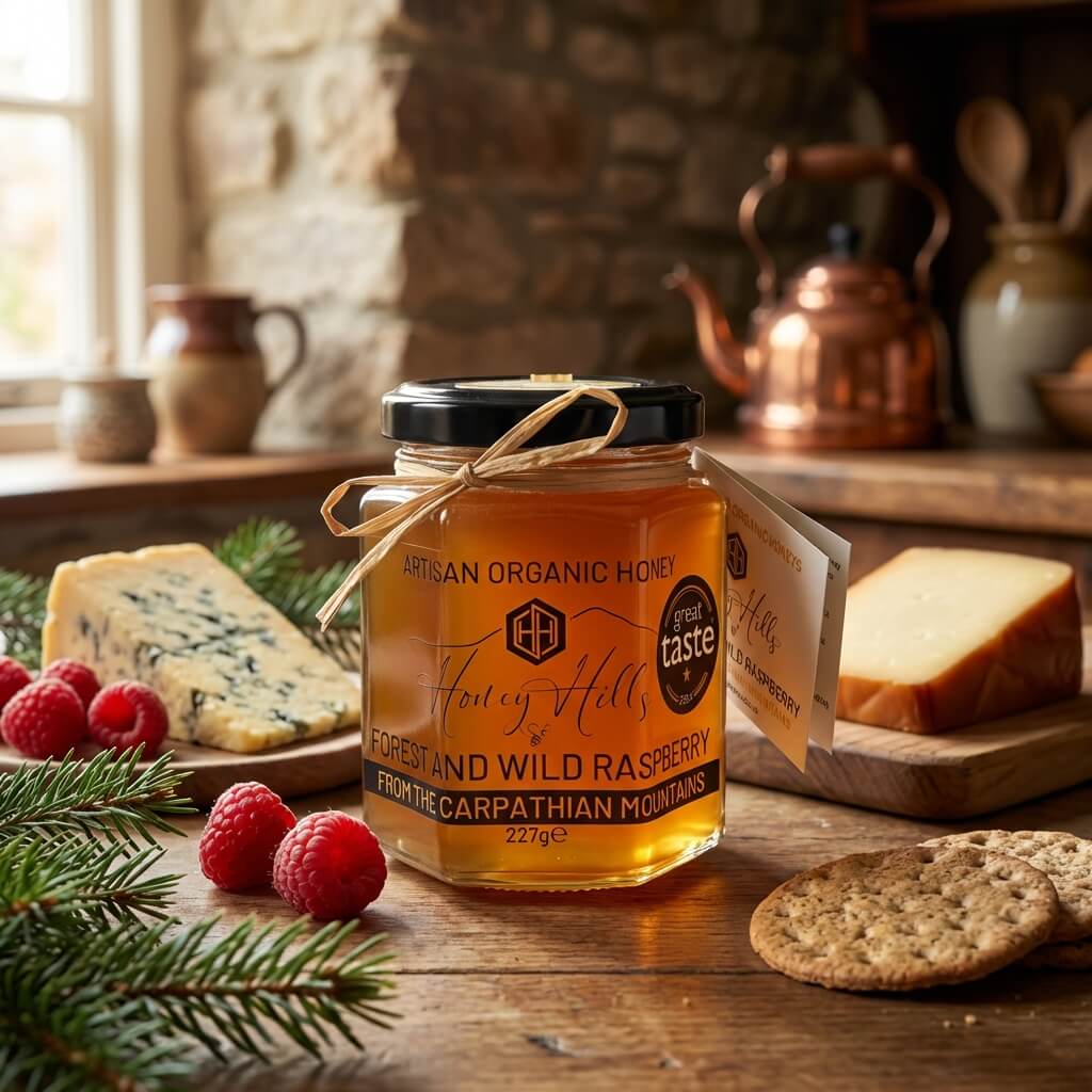Forest Raspberry - Honey Hills | Award-Winning Artisan Honey in the UK Jar of Honey Hills Forest & Wild Raspberry honey (227 g, EU Organic Certified) with its deep caramel‑amber colour on a wooden table beside fresh raspberries, cheese, crackers and pine sprigs in a warm rustic kitchen setting — showcasing this award‑winning forest and wild raspberry blossom honey from the Carpathian Mountains.