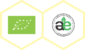 Three eco-certification logos: EU organic, AE (agriculture écologique), and BIO, symbolizing sustainable agricultural practices.