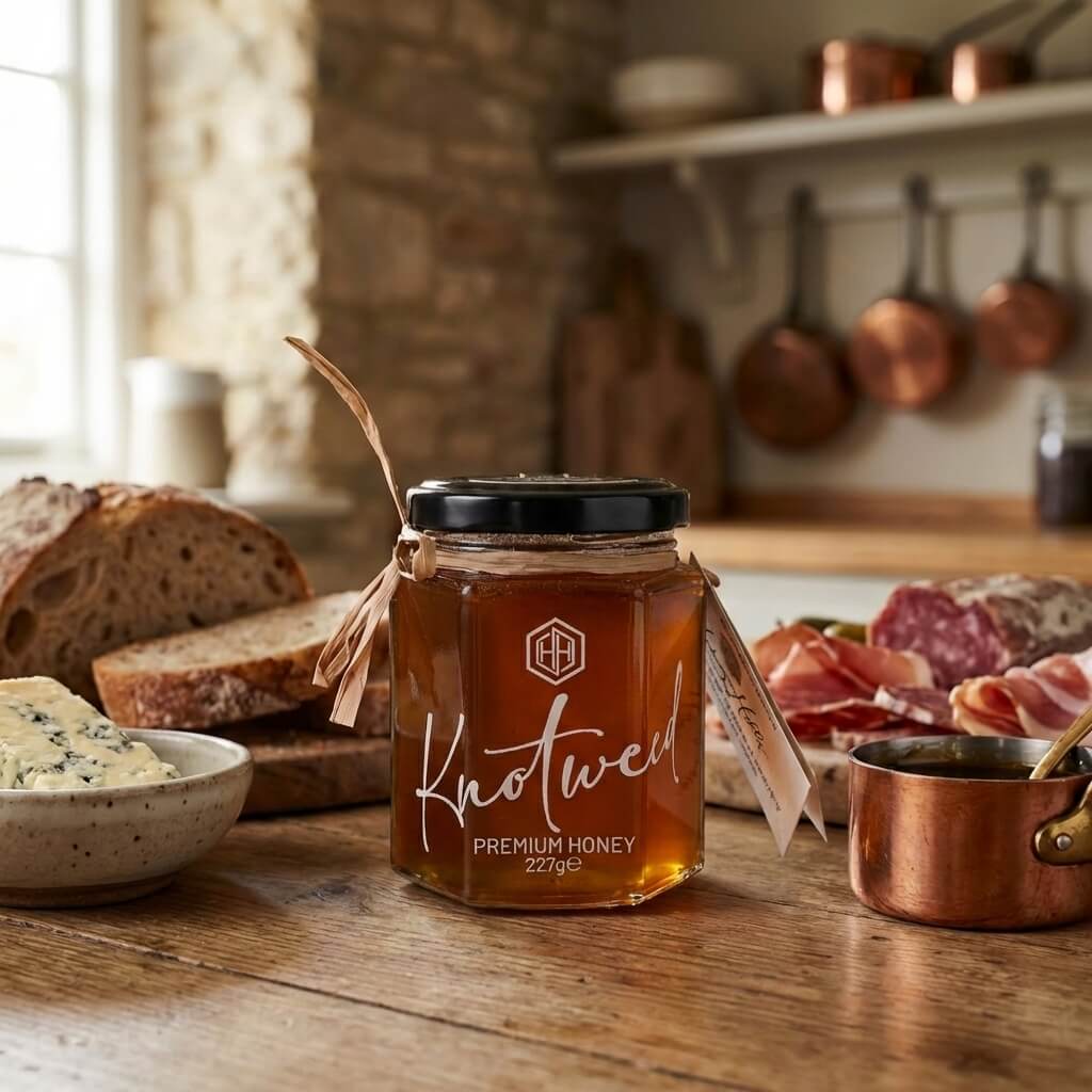 Knotweed - Honey Hills | Award-Winning Artisan Honey in the UK Jar of Honey Hills Premium Mountain Knotweed honey (227 g) with its rich, dark amber-brown colour on a rustic wooden table surrounded by crusty bread, cheese, charcuterie and a small pot — showcasing this rare and bold knotweed honey harvested from wild mountain nectar.