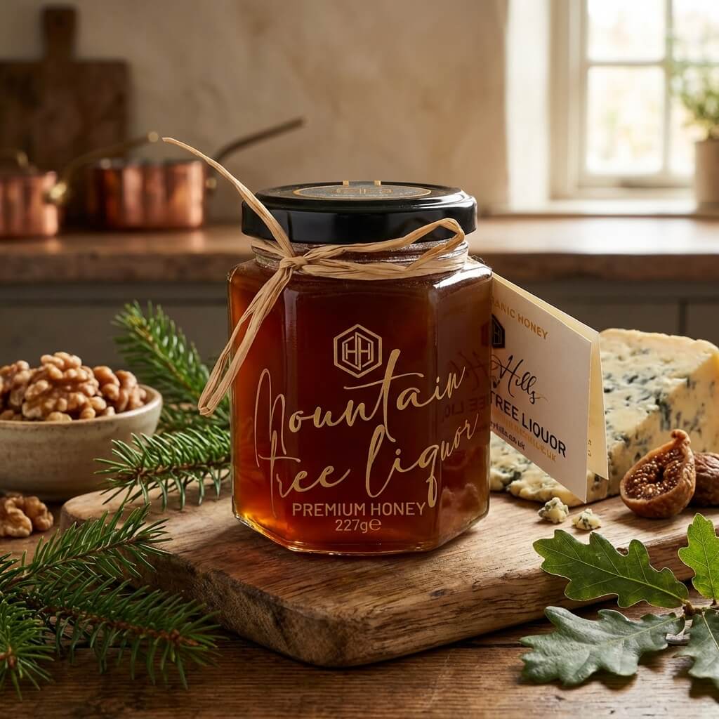 MountainTreeLiquor - Honey Hills | Award-Winning Artisan Honey in the UK Jar of Honey Hills Mountain Tree Liquor premium honey (227 g) with its rich dark amber colour, tied with a natural raffia ribbon on a wooden board beside fresh walnuts, spruce sprigs, ripe figs and blue cheese in a warm kitchen setting — showcasing this distinctive tree-liquor honeydew honey with deep, forest-inspired flavour from the Carpathian Mountains.