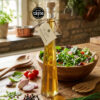 Tall glass bottle of Honey Hills Premium Honey Vinegar with a cork stopper and label, placed on a wooden kitchen table beside a fresh salad bowl, cherry tomatoes, herbs and salad utensils, with warm natural light and a Great Taste 2024 award badge visible on the image — showcasing this artisan, EU‑organic certified honey vinegar made by slow natural fermentation of pure honey.