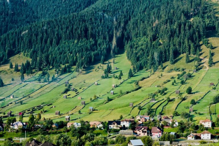 Peaceful country living with houses scattered across a scenic mountainside.