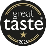 Great Taste 2025 one-star award logo: black circular badge with gold trim and a single gold star under the words ‘great taste 2025’
