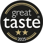 Great Taste 2025 two-star award logo: black circular badge with gold trim and two gold stars under the words ‘great taste 2025’.