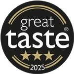 Great Taste 2025 three-star award logo: black circular badge with gold trim and three gold stars under the words ‘great taste 2025’.