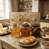 Honey Hills jars of Dwarf Acacia, Plum Blossom & Fir Tree honeys (227 g) with its golden-amber hue on a rustic wooden surface beside fresh plums, fir sprigs and a honey dipper — showcasing this artisan raw honey made from nectar of dwarf plum blossoms and honeydew from fir trees in pristine mountain landscapes.