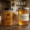 A side-by-side comparison of raw and pasteurized honey in a rustic kitchen. The left jar, labeled "Mountain Pine Honeydew Honey," shows a thick, crystallized, pale yellow texture. The right jar, labeled "Pasteurised honey," shows a smooth, translucent, amber-colored liquid. A wooden honey dipper and pine sprig sit nearby.