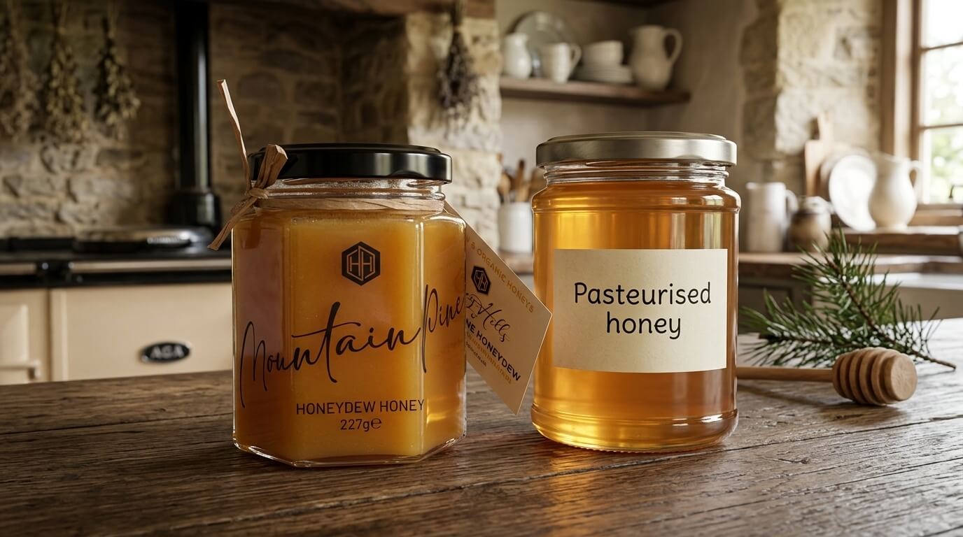 Pasteurised comparison - Award-Winning Artisan Raw Honey | Carpathian Mountain Honey | UK Delivery – Honey Hills A side-by-side comparison of raw and pasteurized honey in a rustic kitchen. The left jar, labeled "Mountain Pine Honeydew Honey," shows a thick, crystallized, pale yellow texture. The right jar, labeled "Pasteurised honey," shows a smooth, translucent, amber-colored liquid. A wooden honey dipper and pine sprig sit nearby.
