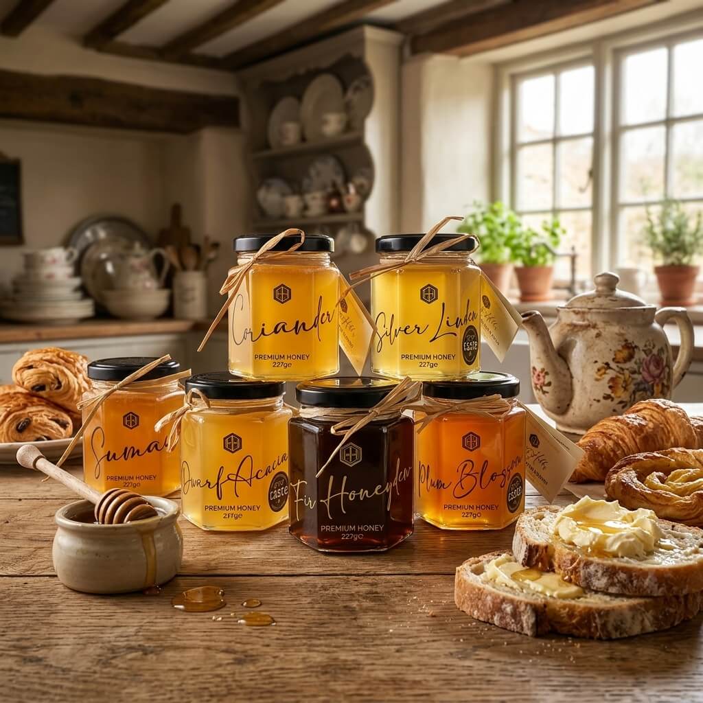 gta2025_4 - Award-Winning Artisan Raw Honey | Carpathian Mountain Honey | UK Delivery – Honey Hills - Award-Winning Artisan Raw Honey | Carpathian Mountain Honey | UK Delivery – Honey Hills Six jars of Honey Hills premium honey in varieties including Coriander, Silver Linden, Sumac, Dwarf Acacia, Fir Honeydew, and Plum Blossom, each 227g and tied with raffia bows, arranged in a pyramid on a rustic wooden table. A small stoneware pot with a honey dipper sits to the left, and a slice of buttered bread drizzled with honey, a croissant, and Danish pastries are arranged to the right alongside a floral ceramic teapot. Stacked china and terracotta plant pots are softly blurred in the background.
