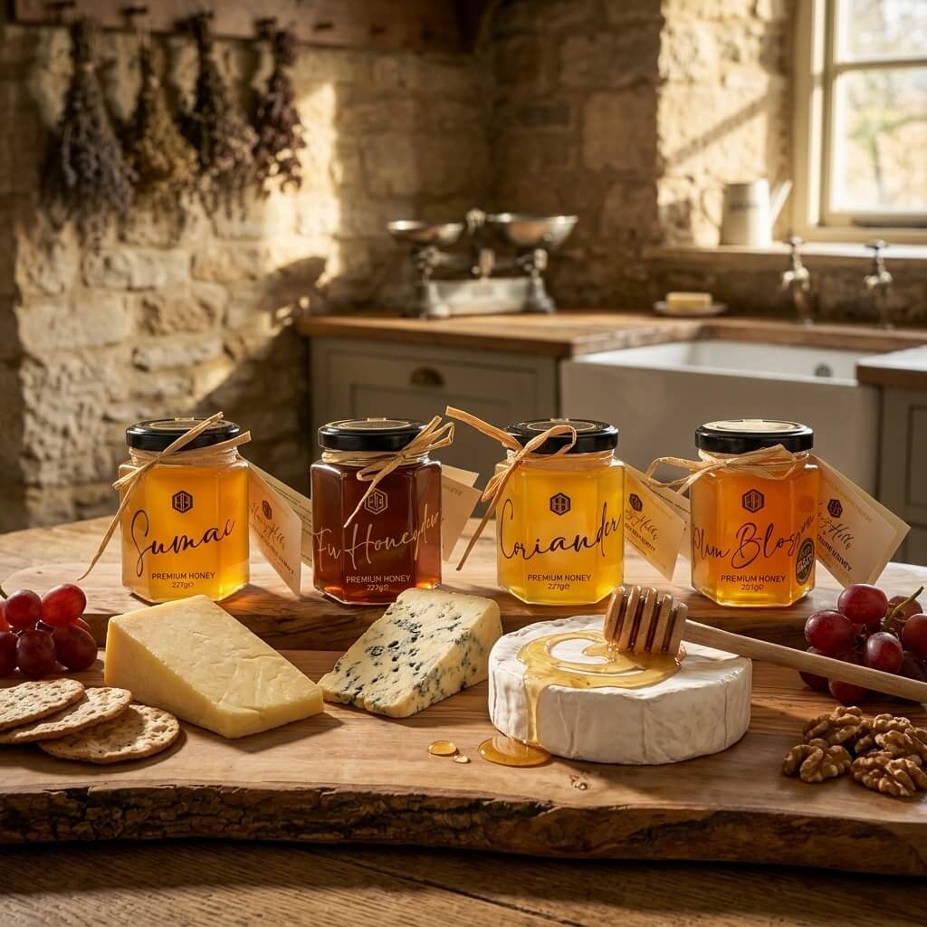 Four Honey Hills Premium Honey jars — Sumac, Fir Honeydew, Coriander, and Plum Blossom — displayed on a rustic live-edge wooden board with a honey dipper drizzling honey over a whole Brie, a wedge of hard yellow cheese, blue cheese, crackers, red grapes and walnuts, set in a stone-walled farmhouse kitchen with dried herbs hanging from the ceiling.