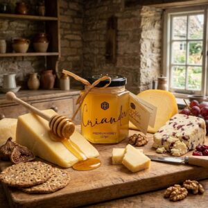 A jar of Honey Hills Coriander Premium Honey (227g) with a raffia bow and honey dipper resting against it, displayed on a rustic wooden board with sliced hard cheese drizzled in honey, a cranberry-studded cheese, seeded crackers, dried figs, walnuts, and red grapes, set in a stone-walled farmhouse kitchen.