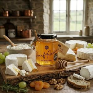 Jar of honey on a cheese board with Brie rounds, bread slices, grapes, and walnuts in a rustic kitchen.
