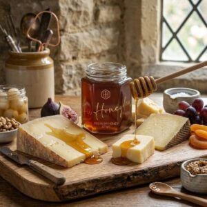 A jar of Honey Hills Fir Honeydew Premium Honey (227g) with a honey dipper drizzling dark amber honey over sliced hard cheese on a rustic wooden board, surrounded by fresh figs, red grapes, dried apricots, walnuts, and small condiment bowls, set in a stone-walled farmhouse kitchen.