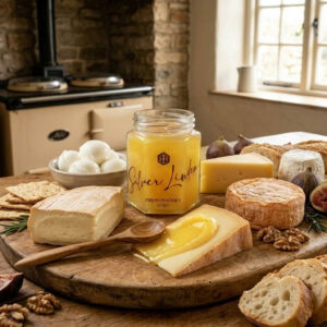A jar of Honey Hills Silver Linden Premium Honey (227g) with a wooden spoon spreading set honey over a slice of soft cheese on a large round rustic wooden board, surrounded by washed-rind cheese, a round aged cheese, hard yellow cheese, mozzarella balls, crackers, sliced bread, fresh figs, walnuts and rosemary, with an Aga range cooker in the background.