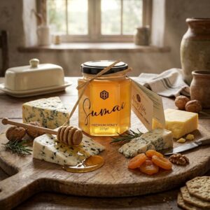 A jar of Honey Hills Sumac Premium Honey (227g) with a raffia bow, displayed on a round rustic wooden board with blue cheese drizzled in honey, a wedge of hard yellow cheese, a honey dipper, dried apricots, walnuts, fresh rosemary, and crackers, set in a farmhouse kitchen.