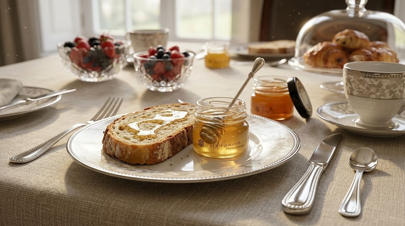 Acacia-hotel1 (1) - Award-Winning Artisan Raw Honey | Carpathian Mountain Honey | UK Delivery – Honey Hills - Award-Winning Artisan Raw Honey | Carpathian Mountain Honey | UK Delivery – Honey Hills Elegant breakfast table with a honey jar, bread slice, berries, croissants under a glass cloche, and china.