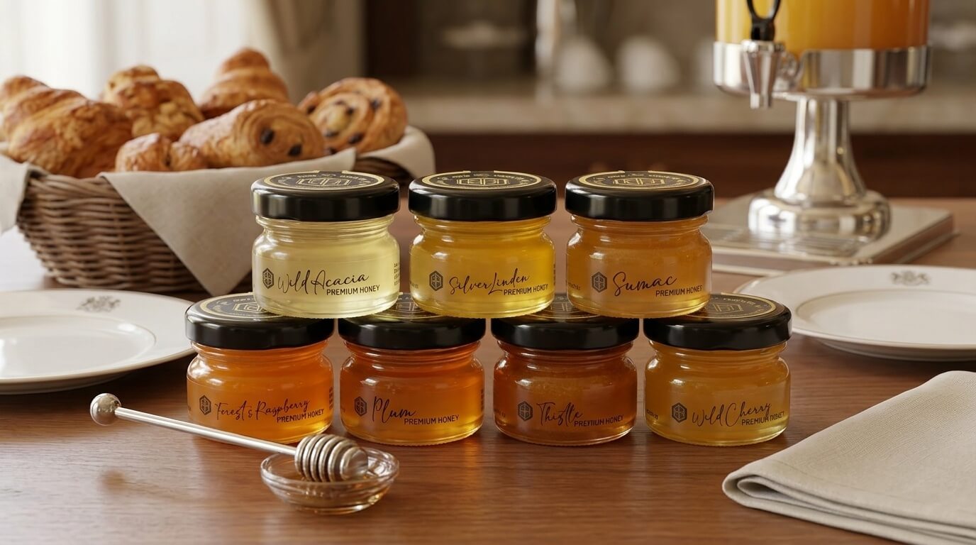 Six jars of premium honey arranged in two rows on a wooden breakfast table, with croissants, plates, and a honey dipper nearby.