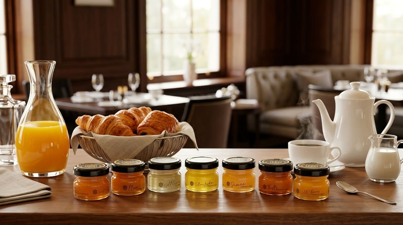 A row of seven miniature honey jars on a wooden table, surrounded by a breakfast spread of croissants, orange juice, and hot coffee in a cozy, upscale restaurant setting.